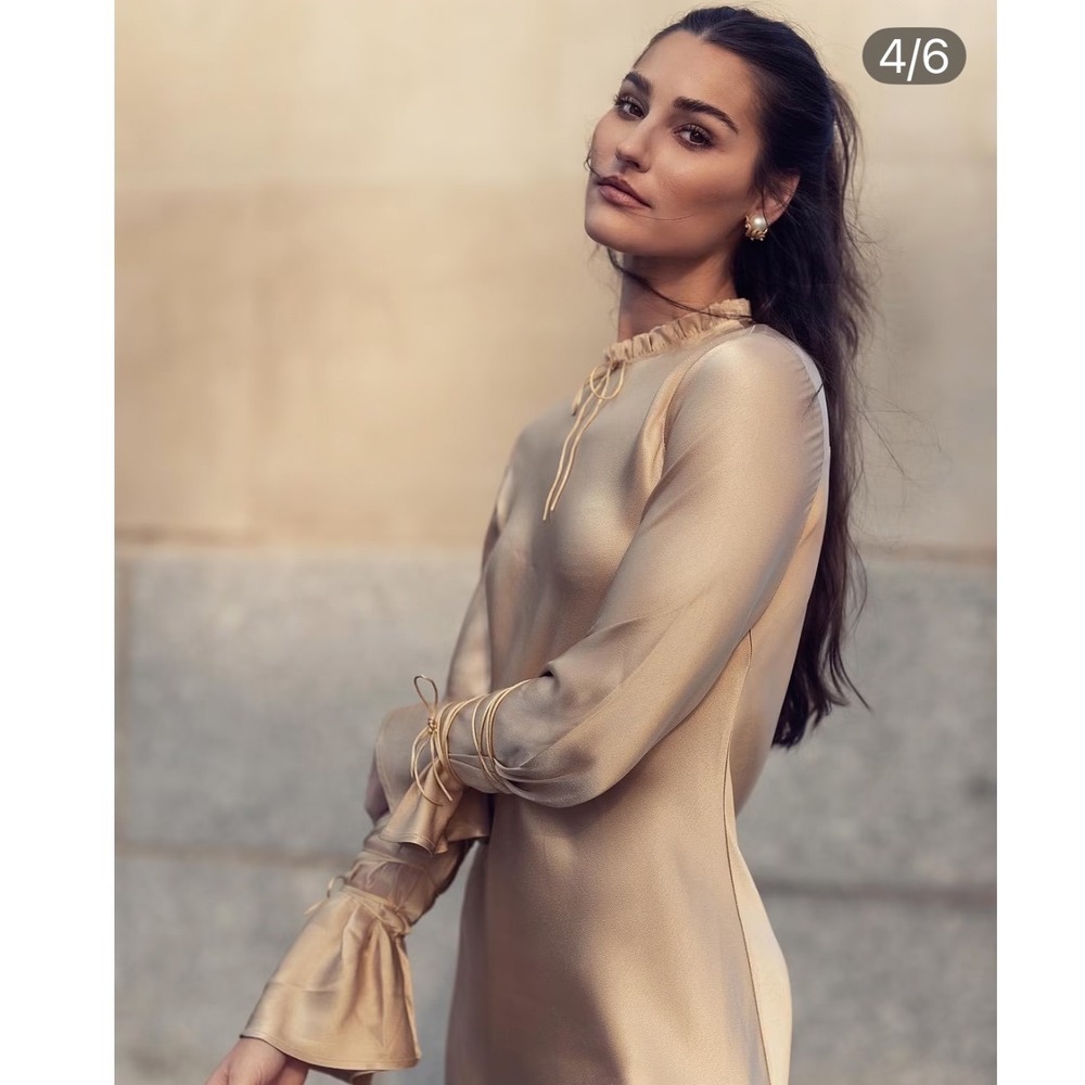 Avanel Couture Tan Satin Midi Dress Ruffle Neck Lace Up Bell Sleeve Small - Picture 2 of 9